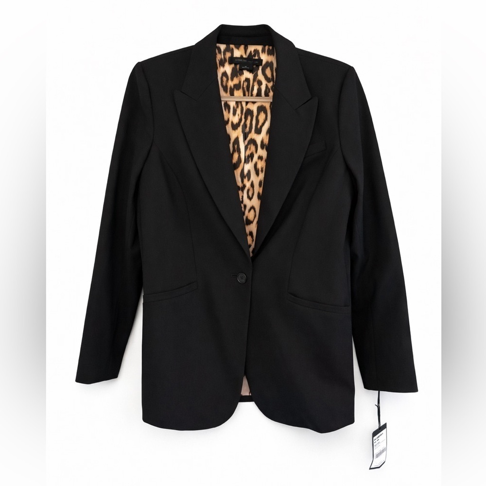 Worth Worth New York Black Tailored Blazer Leopard Lining Wool Blend NWT 14